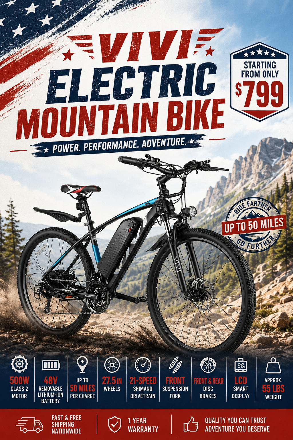 Vivi 27.5-inch electric mountain bike, 500W Class 2 motor